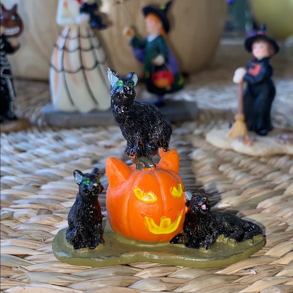 Vintage style Halloween village, resin kids, woman in costumes cats pumpkins
